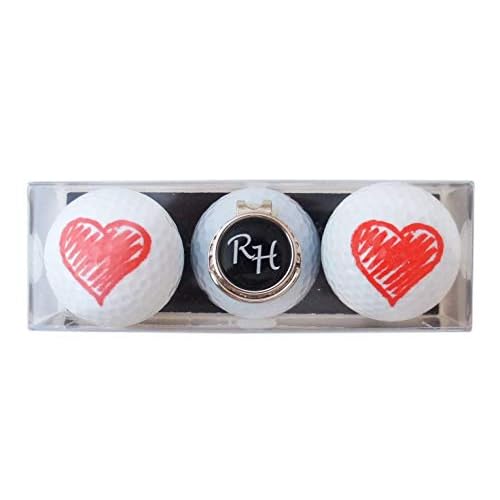 RoLoGOLF Geschenk-Set: 2 Golfbälle mit Herz und Cap-Clip + Marker mit INITIALEN! Witzige Geschenk Idee für jeden Golfer!