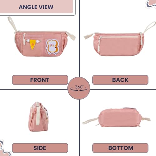 Image of Canvas School Bag Pencil Case, 3 Layer 6 Compartment Large Capacity, Aesthetic Pencil Pouch for Stationary, Cute Stationery for Kids, Pencil Case for Girls & Boys (Peach)