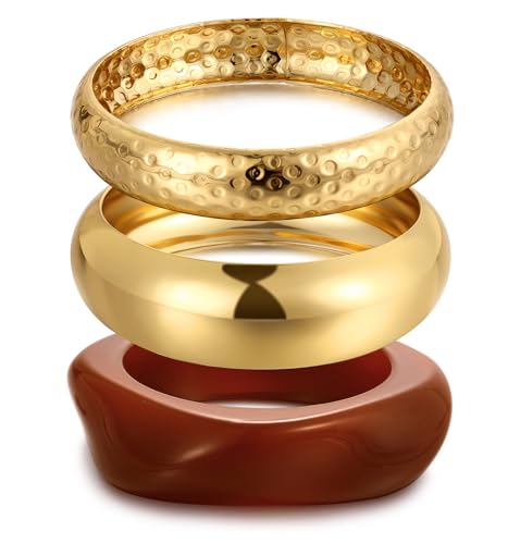 Image of Chunky Gold Bangle Bracelets for Women, Dainty 14k Gold Plated Big Stackable Bangles Set, Trendy Statement Cuff Bracelet Stack Fashion Jewelry Gifts