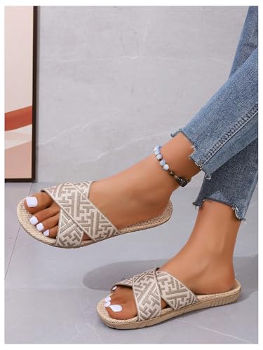 OYOANGLE Women's Graphic Print Criss Cross Strap Linen Slippers Open Toe Slip On Flat Slides Soft Comfy Home Shoes3