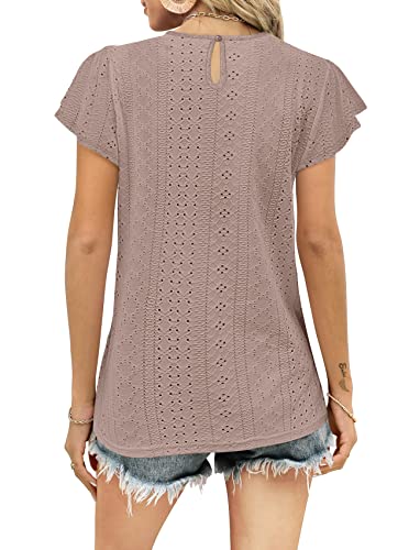 Womens Tops Summer Ruffle Sleeve Crew Neck Tshirts Loose Fit Casual Cute Top Blouses Pink #TOP2