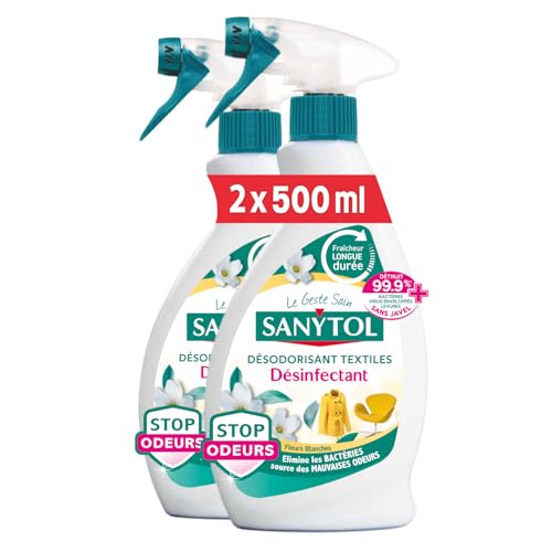 Sanytol - Désodorisant Textiles Désinfectant - 500 ml - Lot de 2 - Tous Types de Textiles - Bactéricide, Virucide - Sans Résidus Agressifs - Ne Tache Pas