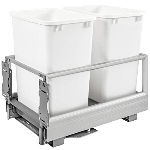 Rev-A-Shelf 5149-18Dm-211 Double 35 Quart Pull Out Kitchen Cabinet Waste Container Storage With Trash Can, Wire Basket, And Rev-A-Motion, White #TOP27