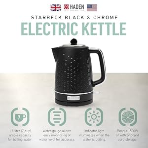 Haden Starbeck 1.7 Liter Stainless Steel Electric Water Kettle, Black & Chrome Haden Starbeck 17 Liter Stainless Steel Electric Water Kettle Black Chrome