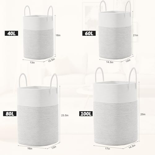 Image of Laundry Basket,Woven Cotton Rope Laundry Hamper,Versatile Storage for Dirty Clothes,Baby Toys,and Blankets in Bathroom, Nursery,and Living Room (White, 60L)