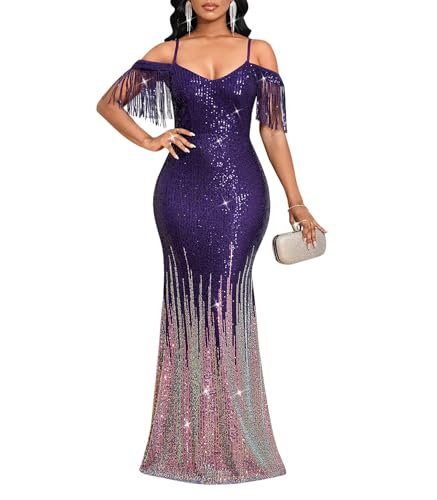 Image of Cololura Women Sexy Sequin Tassel Off Shoulder Halter Bodycon Formal Party Evening Gown Maxi Dress