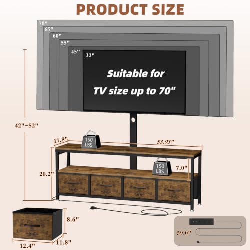 Image of JUSTOGO TV Stand with Mount & Power Outlet for 32-70 Inch TVs, Rustic Brown | TV Console with Drawers & Led Lights, AC Outlets & USB Ports, For Living Room, Bedroom, Height Adjustable, Swivel TV Cabinet