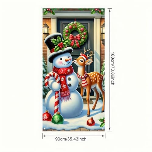 Image of BlissYard Christmas Door Cover 71x35 Inch Snowman and Reindeer Door Banner, Merry Christmas Door Decoration for Front Door, Indoor Outdoor Holiday Backdrop, Winter Xmas Party Door Hanging