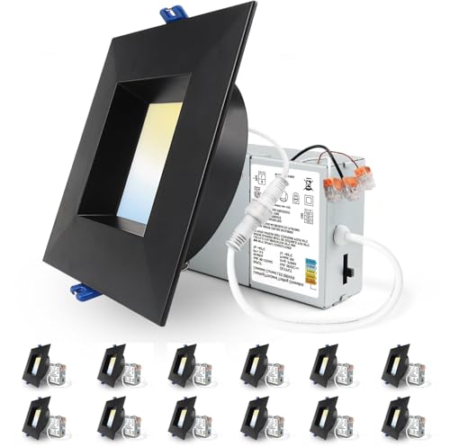Adetu 12 Pack 4 Inch Black Anti-Glare LED Downlight, Ceiling Light, Square