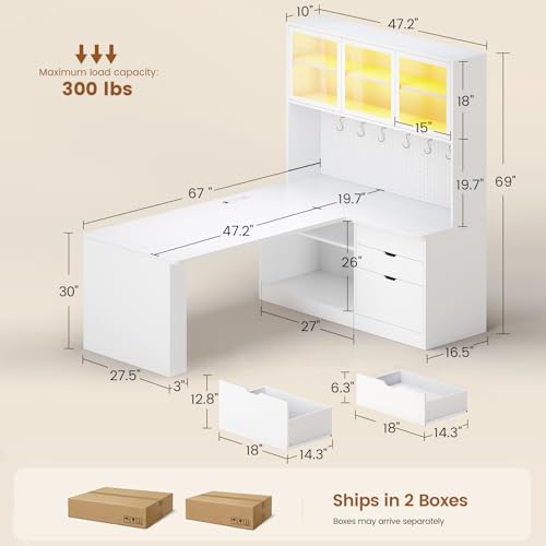 Image of SEDETA L Shaped Corner Gaming Desk with 3 Wood Drawer and Large Bookshelf
