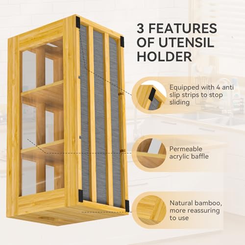 Yofidra Bamboo Utensil Holder & Silverware Organizer: Extra Large Cooking Holder with Absorbing Drying Stone and 6 Compartments Kitchen Countertop Storage Farmhouse Decor Accessories 11.8"X4.7"X5.9" - image 6
