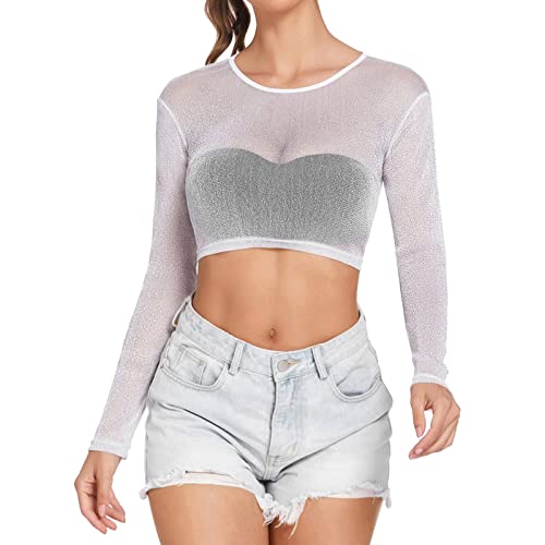 Weihnachtsstrickkleider Damen Pure Mesh-Top Langarm-Ernte-Top Tunika Damen Große Größen (White, L)