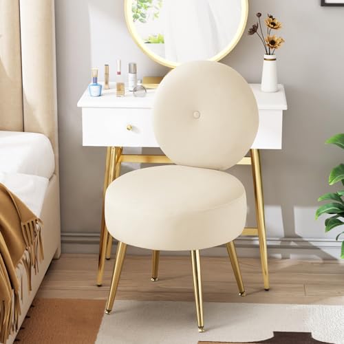 Ckaff Poltrona da Trucco in Velluto Imbottita Schienale e Gambe in Metallo per Camera da Letto, Salotto, Soggiorno, Cucina, Studio - Beige