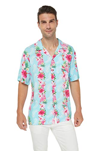 Matchable Couple Hawaiian Luau Shirt or Wide Legged Pants in Pink Turquoise, Hibiscus Vine4