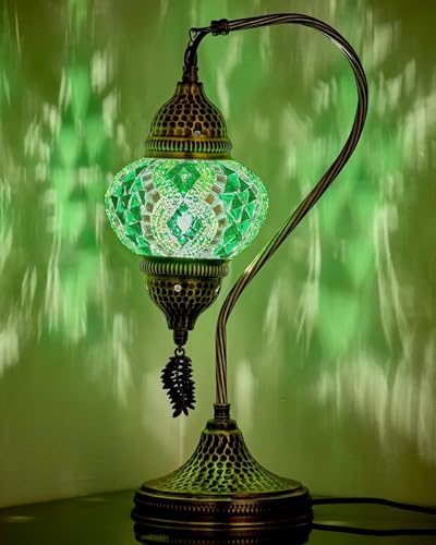 DEMMEX Lampada da Tavolo Turca Marocchina, Design Swan Neck in Vetro Mosaico Stile Tiffany, Fatto a Mano in Turchia, Altezza 38 cm (Verde)