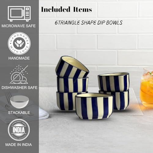 Image of Handcrafted Blue Striped Ceramic Dip Bowls Set of 6 | Elegant Snack & Sauce Bowls | Microwave Safe, 50 ml Each