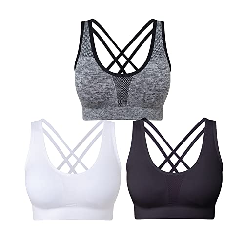 SEGRILA Damen Sport BH Set Ohne Bügel Kreuz Rücken Yoga Bustier Gepolsterter (Schwarz,Weiß,Grau S)