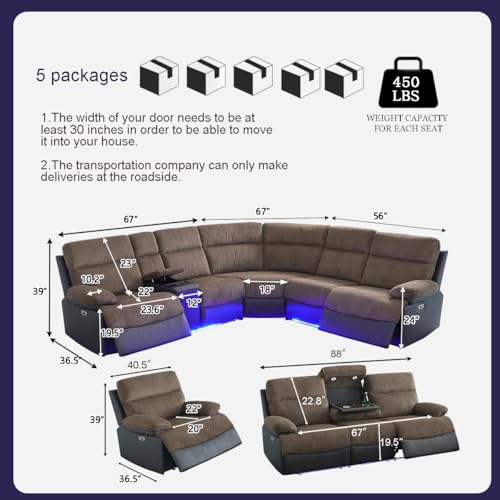 Image of Power Recliner Sectional Sofa Set with LED Light,L Shaped Corduroy Sectional Couch Set with 5 Recliner Seats,Modular Couches with USB Ports for Living Room Furniture