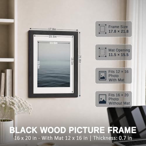Image of VCK 16x20 Picture Frame 5 Pack, Black Exclusive Wood, Real Glass, for Print