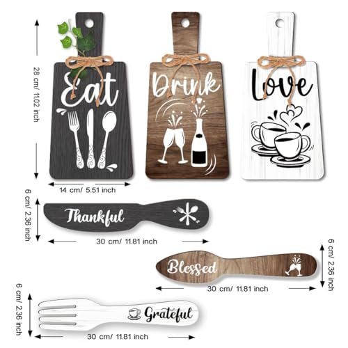 PH PandaHall 6pcs Kitchen Wall Decor Start Drink Sign Set Wood Pendant Accessories Mini Wood Plaque Fork and Spoon Shape Decorations Rustic Style Home Dector Black Brown White 11x5.5 inch/11.8x2 inch - Image 2
