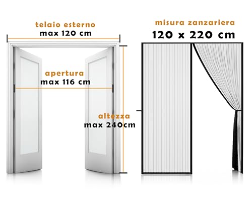 Hand - Zanzariera Magnetica Porta Finestra 120X220 Cm Con Chiusura Magnetica E Base Piombata Antivento (Nera, 120X220 Cm) - 2