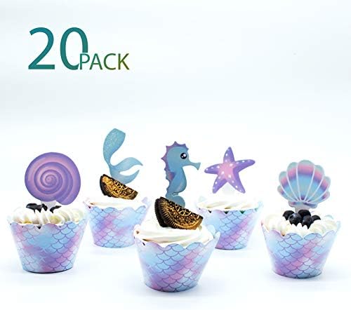 20 PCS Ocean Cupcake Toppers and Wrappers, Ocean Theme Party Decoration Supplies,Glowing Ocean Cake Topper Perfect for Birthday, Baby Shower, Mermaid Theme Party, Marine Party and Festivals
