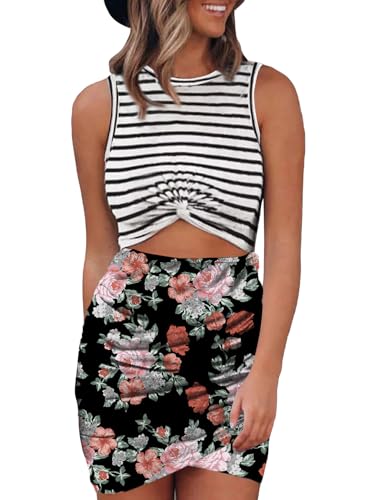 Acelitt Spring Summer Dresses for Women Crewneck Sleeveless Striped Floral Printed Cutout Ruched Dress Beach Vacation Outfits Resort Wear Black M