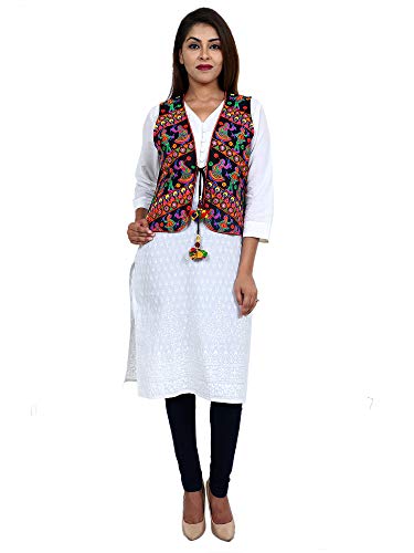 Image of Craft Trade Women's Cotton Embroidered Kutchi Jacket with Tassels Sleeveless Mirror Work