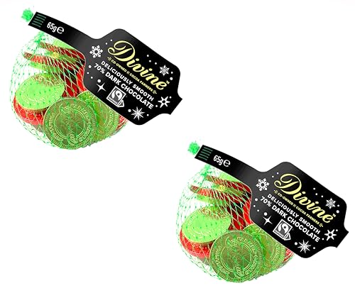 Divine Vegan 70% Dark Chocolate Red and Green Coins - Christmas Decorations Party Sweets - 2 x 65g