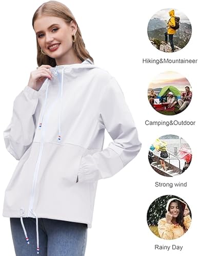 SoTeer Ladies Rain Coats with Hood Lightweight Windbreaker Jackets Waterproof Rain Jacket Women Light Raincoats,White XL - Thumbnail 4