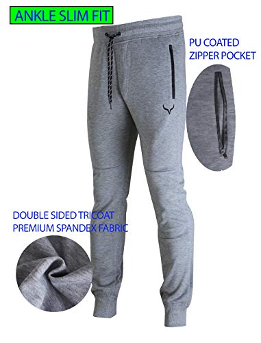 Image of Screenshot SPORTS-A4053 Mens Premium Slim French Terry Spandex Fleece Pants - Athletic Jogger Fitness Workout Gym Zipper Pockets
