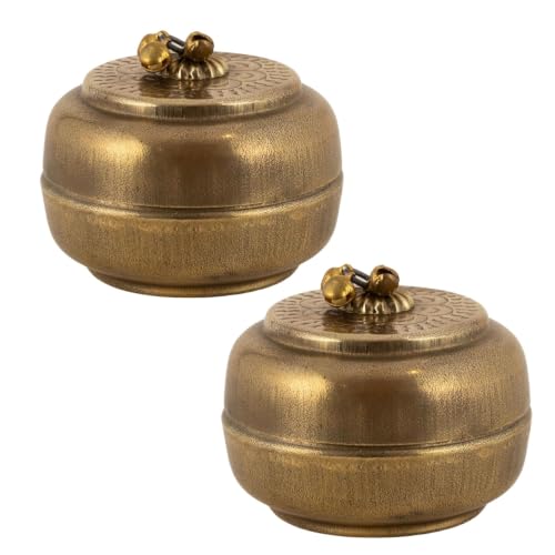 Image of Handcrafted vintage Items Antique Brass Katordan | Round Shape Mini Box For Multi Uses Puja, Roli, Chandan, Haldi, Sindoor, Turmeric, Masala | Mini, 6L x 5W x 5H cm, Pack of 2