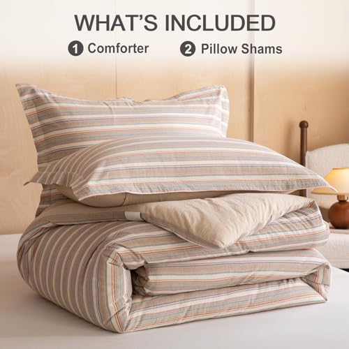 Image of 100% Cotton Comforter Set Full Size - Reversible Yarn-Dyed Stripe Design, Soft Washed Cotton on Both Sides, Lightweight All-Season Bedding, Machine Washable(Colorful Stripe, 80 inchx90 inch)