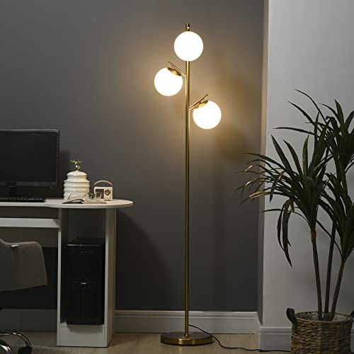 HOMCOM Lampada da Terra Moderna con 3 Punti Luce, Lampada a Piantana in Metallo e Vetro, Ø27x169cm, Oro