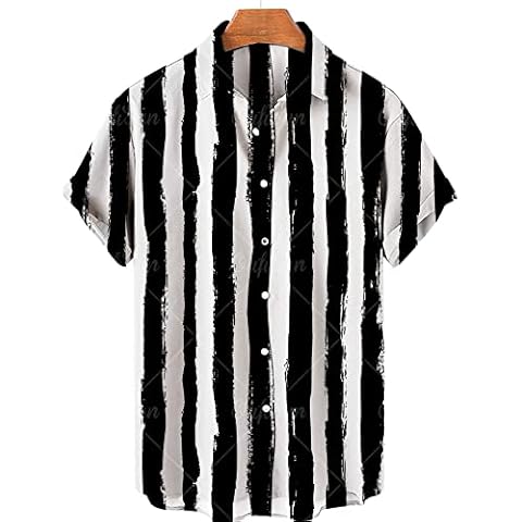 Short Sleeve Hawaiian Shirts,3D Printing Men'S Casual Shirts, Comfortable Black And White Striped Hawaiian Shirts, Simple And Fashionable Beach Shirts For Seaside Vacation,3Xl Cover
