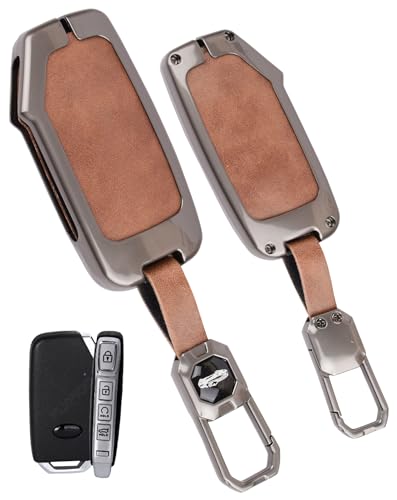 Image of Exclusive Metal Leather Key Cover Compatible with Kia Seltos 2024 2023 Facelift HTX | Carens X Line | Sonet Facelift 4 Button Smart Key Leather Protection with Keychain
