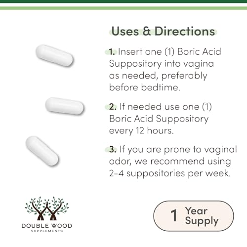 boric acid suppositories 600mg vaginal suppository 60 count supports vaginal ph balance odor control usp medical grade fine powder easy dissolve third party tested by double wood