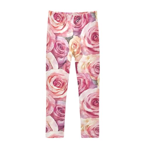 Watercolor Pink Rose Girls Leggings Ultra Soft Compression Yoga Gym Pants for Kids 4-10T