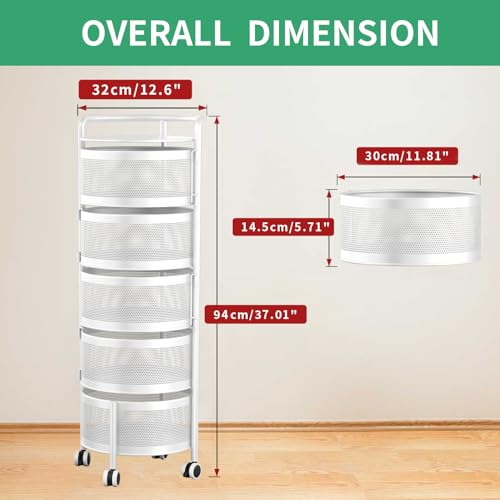 Image of JAQ No Assembly 5-Tier Kitchen Storage Cart with Wheels, Rotating Produce Organizer for Onion, Potato & Vegetable Storage, Large Capacity Pantry Rack, White