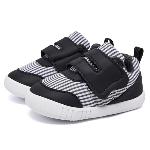 Tianohoh Baby First Walking Shoes Soft Sole Infant Girls Boys Sneakers Toddler Tennis Shoes Black Stripes 9 10 12 Months