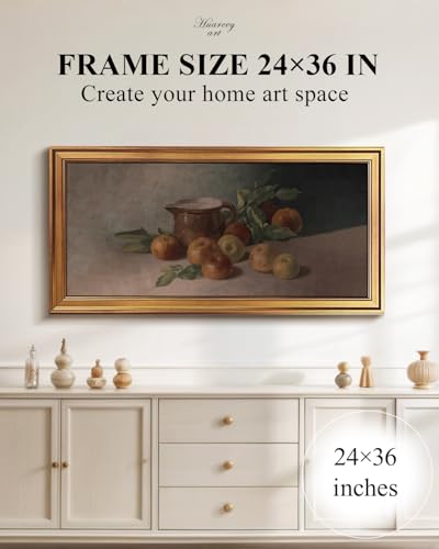 Image of HUARCEY Gold Framed Vintage Wall Art for Living Room Harvest Apples Still Life Oil Painting Large Cottagecore Room Decor Picture Canvas Print Farmhouse Fruit Wall Decor Bedroom Kitchen Bathroom 20x40