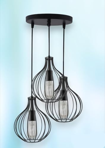 Image of 3-Light Cluster Black Cage Hanging Pendant Ceiling Lamp Jhoomar for Home Decorative Modern Style Lighting Indoor Fixture for Bedroom Living Room Dining Table (Bulb not Included)