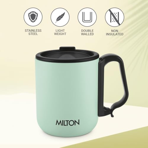 Image of MILTON Harbor Coffee Mug 300 Double Walled Non - Insulated | 300 ml Inner Stainless Steel Tea Mug with Lid & Handle | Hot & Cold | Coffee Mug Travel Tea Cup | Black Coffee | Tea Cup Single |Mint Green