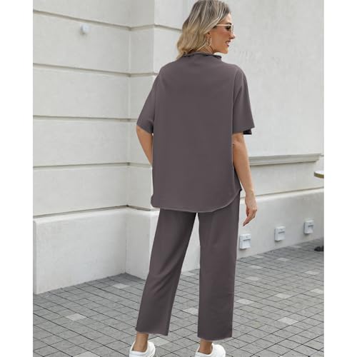 Image of SeeLuNa Women's Two Piece Outfits 3 /4 Batwing Sleeve Capelet Crew Neck Pullover Top Wide Leg Pants Lounge Set
