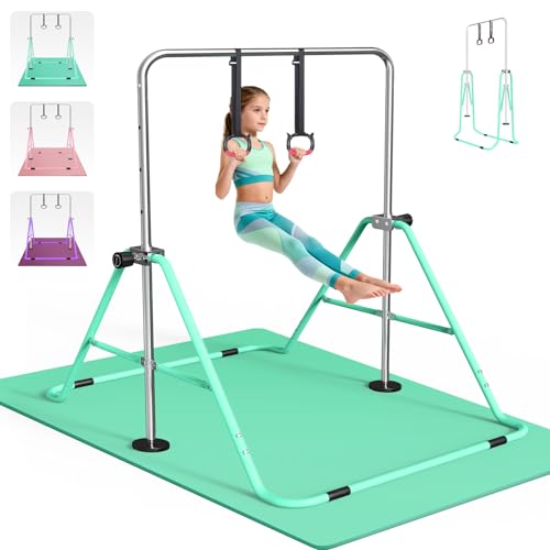 FBSPORT Gymnastikstange Kinder mit Matte, Reckstange Outdoor Indoor mit Einstellbarer Höhe und Turnringen, Faltbare Stabile Gymnastics Bars Turnstange für Zuhause und Garten Training