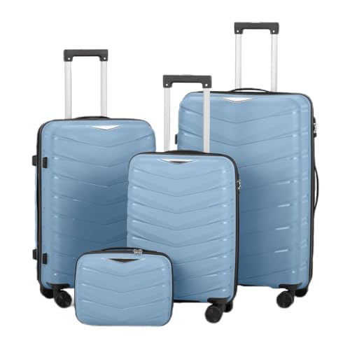 V-Striped 4-Piece Luggage Set with PP Handbag and Trolley Cases - Sky Blue,4 x PP Trolley Cases (14in, 20in, 24in, 28in)