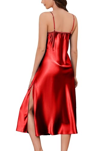 Image of ALCEA ROSEA Women Silk Satin Nightgown Sexy Lace Chemise Lingerie Long Sleepdress for Ladies Sleepwear Slip Negligee