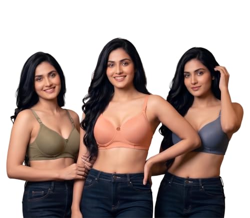 Image of Women's Pure Cotton Blend Lightly Padded Bra (Pack of 3) | Full Coverage Wirefree T-Shirt Bra | Soft Breathable Everyday Bra | Adjustable Straps | Comfortable Multicolor Bra
