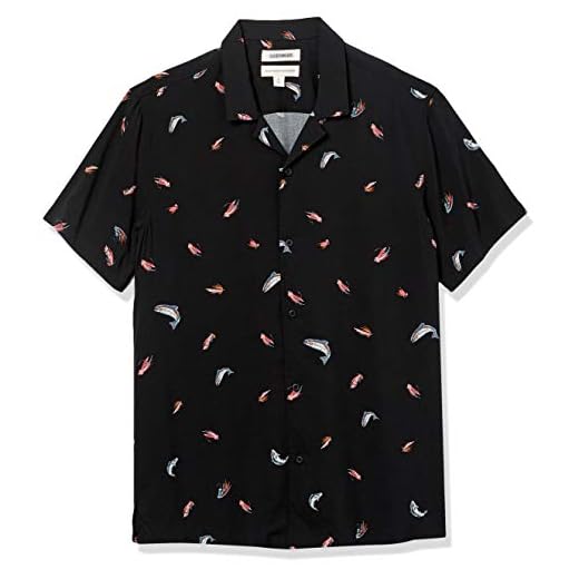 Goodthreads Men's Standard-Fit Short-Sleeve Camp Collar Hawaiian Shirt, Black, Fishing Lure, Small
