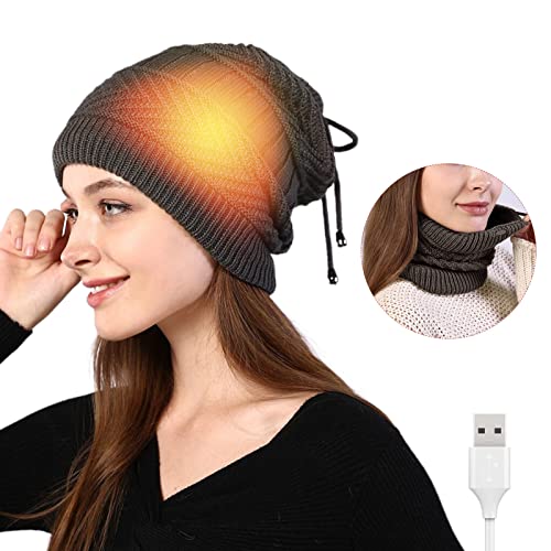 LIBOOI Beheizte Beanie-Mütze, USB Elektrische Wintermützen für Damen Herren, 2 in 1 USB Elektrisch Warm Beheizte Mütze Hals Schal Wärmer Set für Laufen Skifahren Radfahren, grau Cover